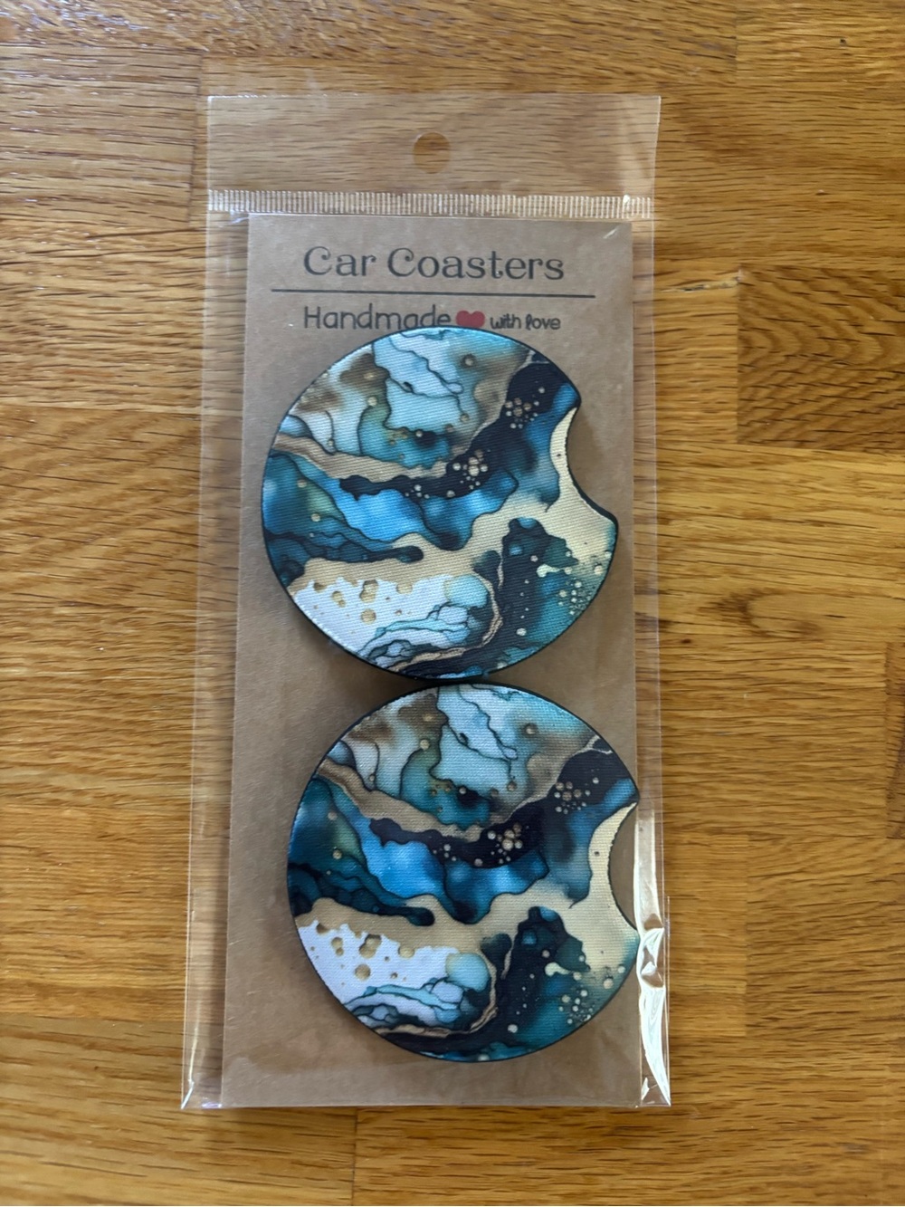 Handmade Marble Effect Car Coasters - Blue & Gold